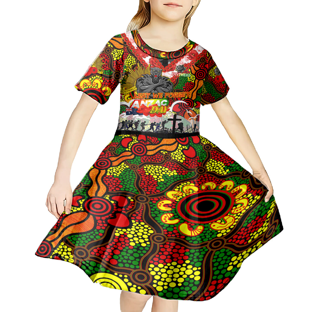 Personalised Panthers ANZAC Day Kid Short Sleeve Dress Aboriginal Rising Sun