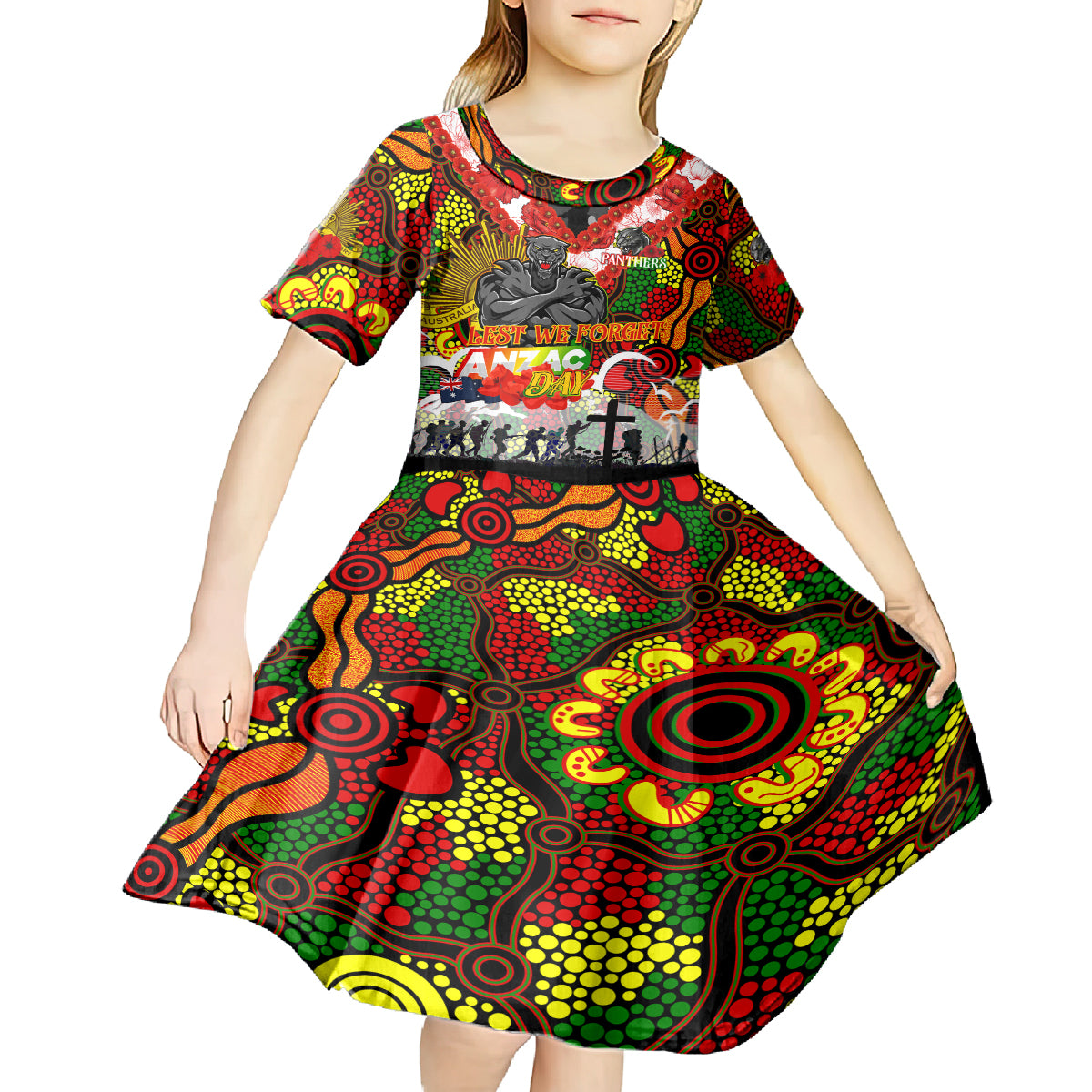 Personalised Panthers ANZAC Day Kid Short Sleeve Dress Aboriginal Rising Sun
