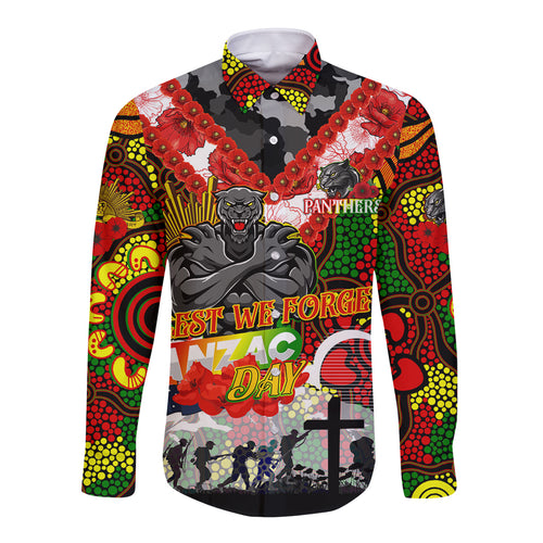 Personalised Panthers ANZAC Day Long Sleeve Button Shirt Aboriginal Rising Sun