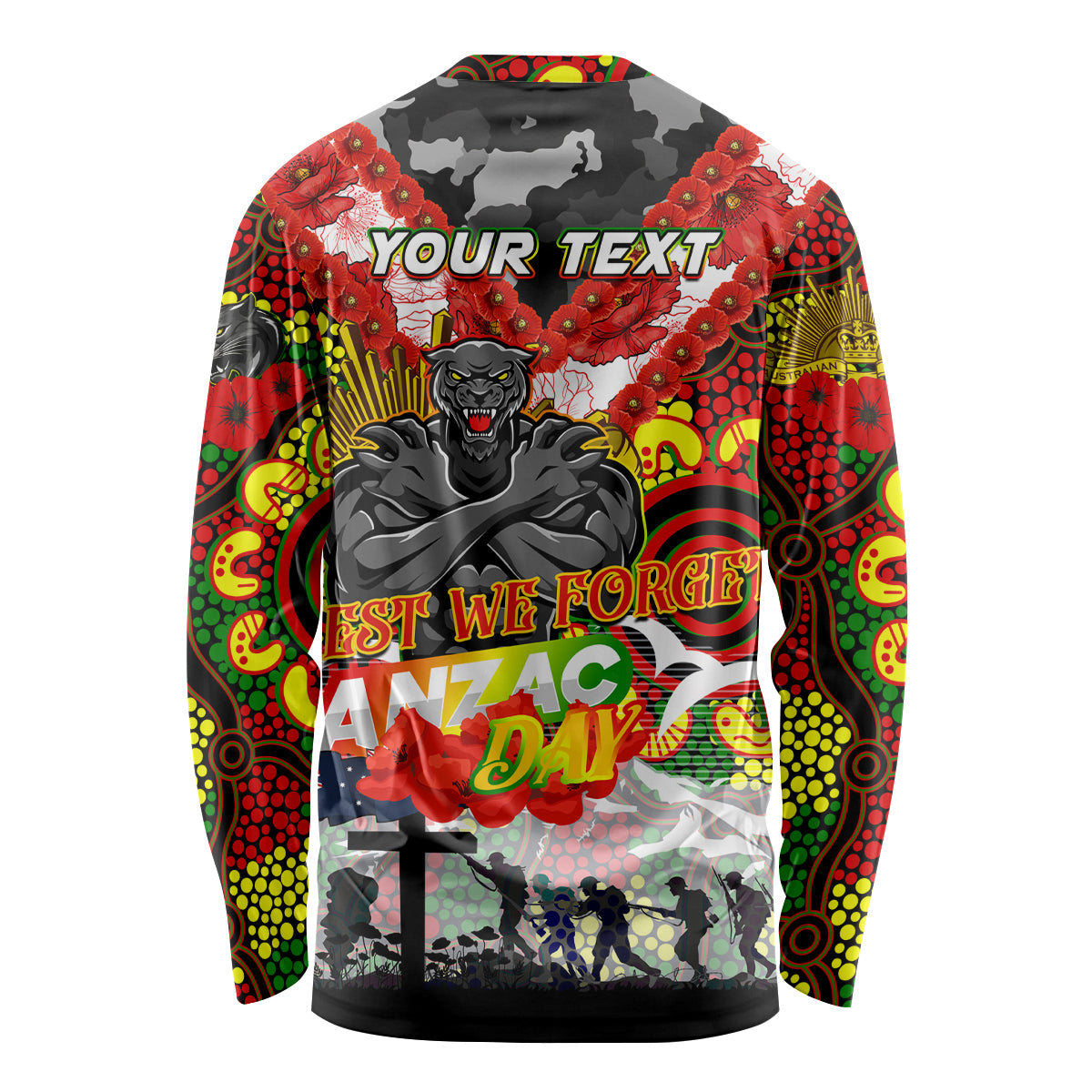 Personalised Panthers ANZAC Day Long Sleeve Shirt Aboriginal Rising Sun