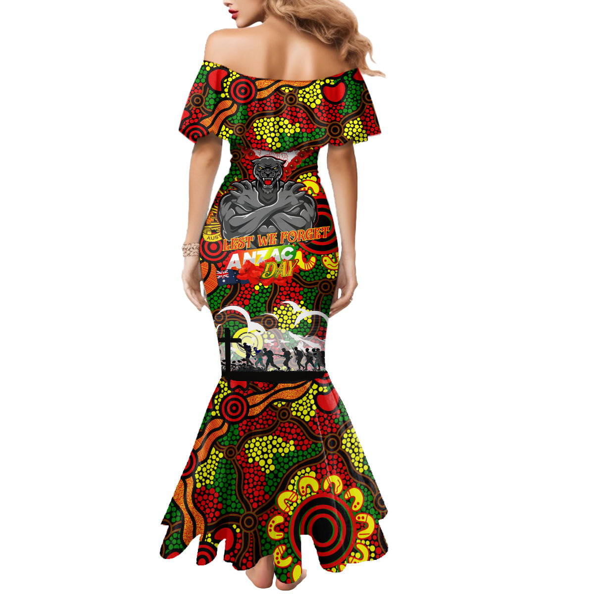 Personalised Panthers ANZAC Day Mermaid Dress Aboriginal Rising Sun