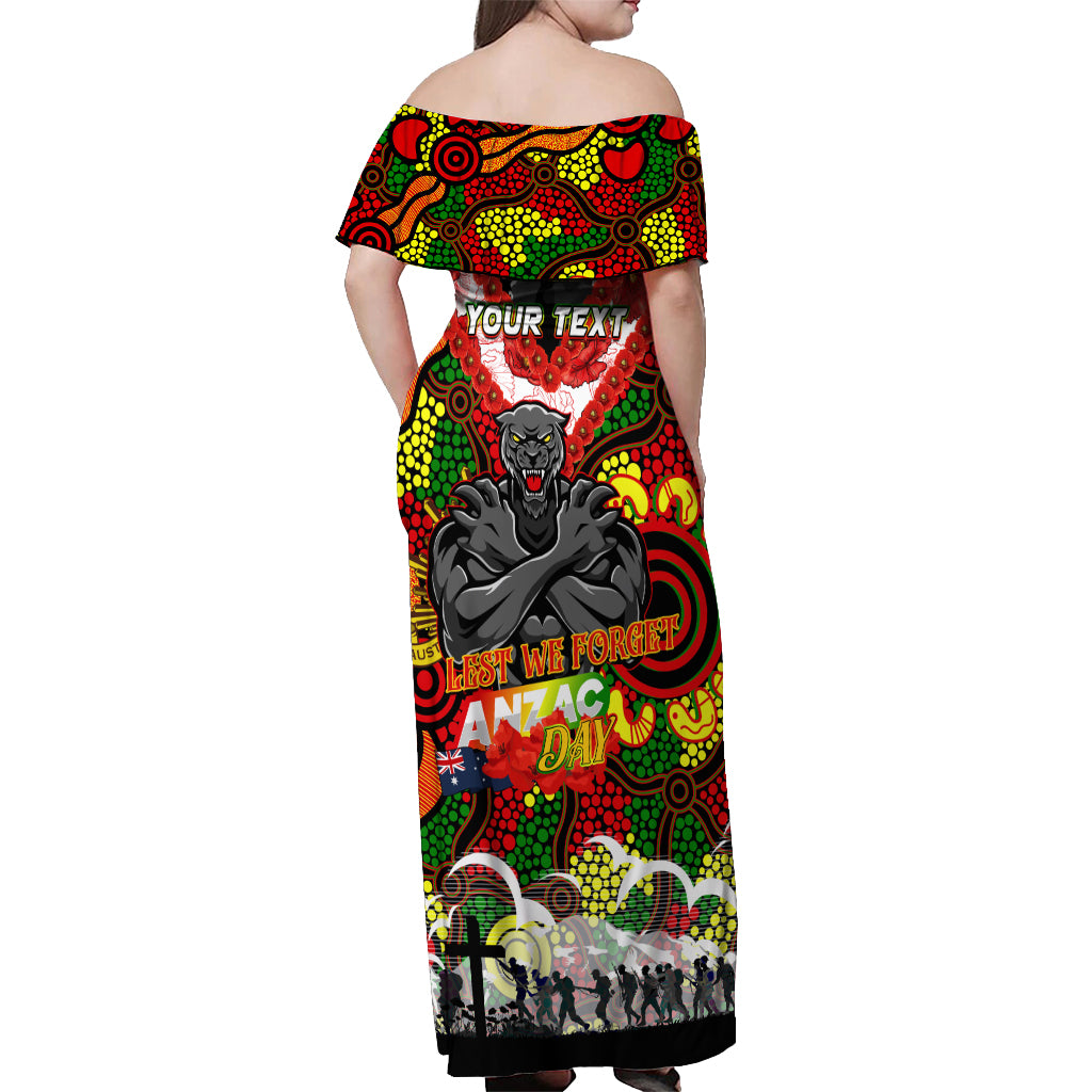 Personalised Panthers ANZAC Day Off Shoulder Maxi Dress Aboriginal Rising Sun