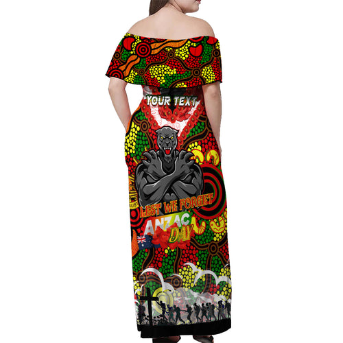 Personalised Panthers ANZAC Day Off Shoulder Maxi Dress Aboriginal Rising Sun