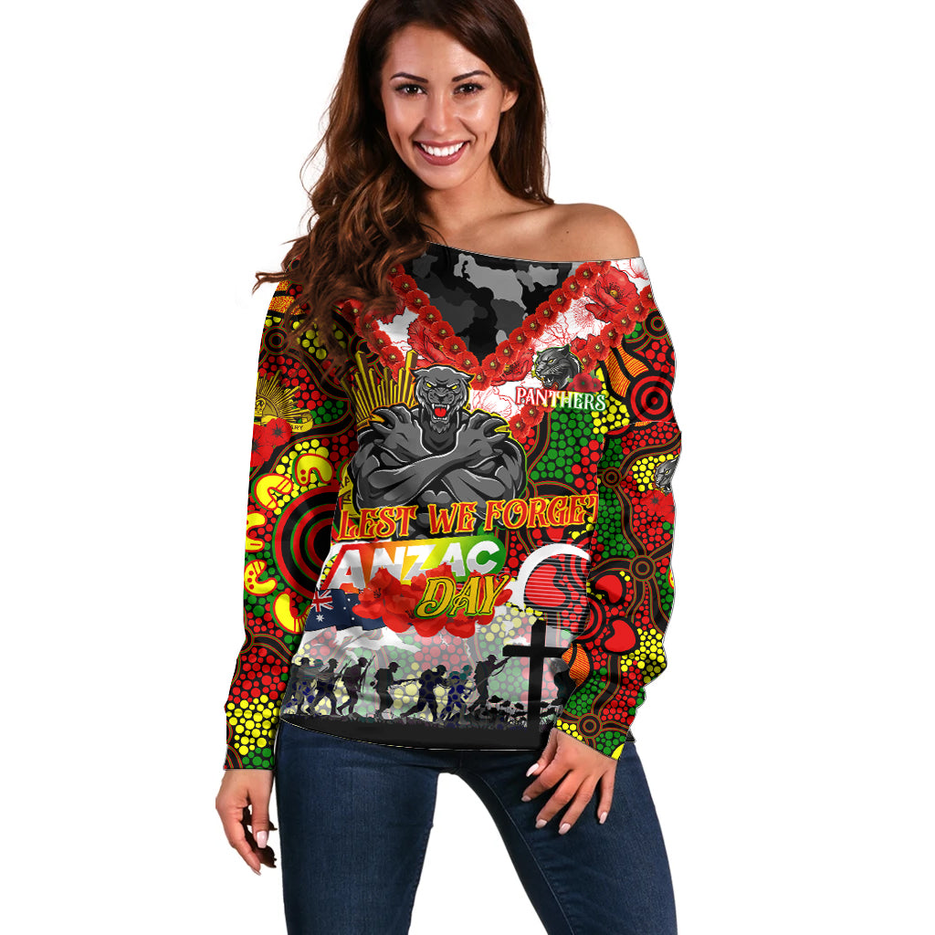 Personalised Panthers ANZAC Day Off Shoulder Sweater Aboriginal Rising Sun