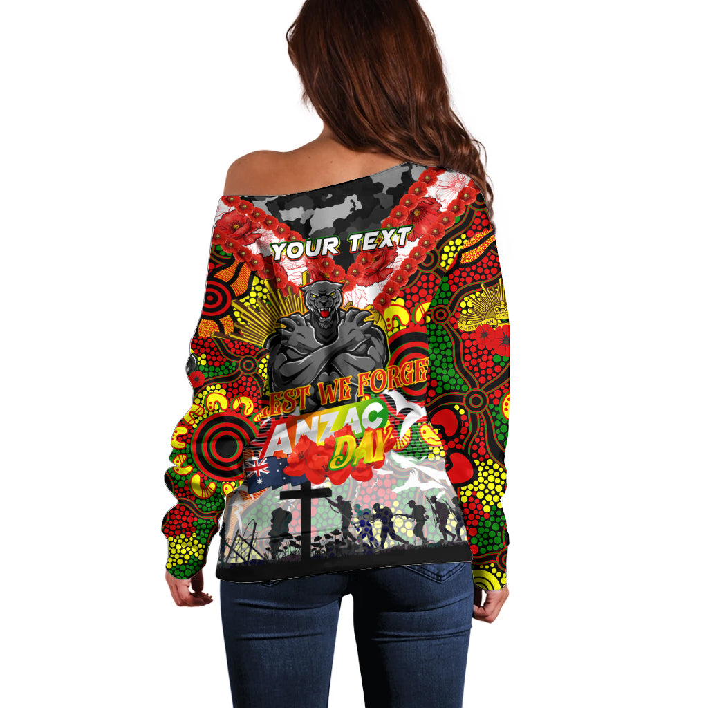 Personalised Panthers ANZAC Day Off Shoulder Sweater Aboriginal Rising Sun