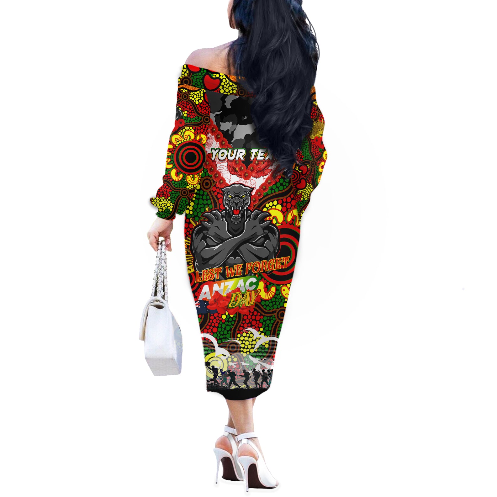 Personalised Panthers ANZAC Day Off The Shoulder Long Sleeve Dress Aboriginal Rising Sun