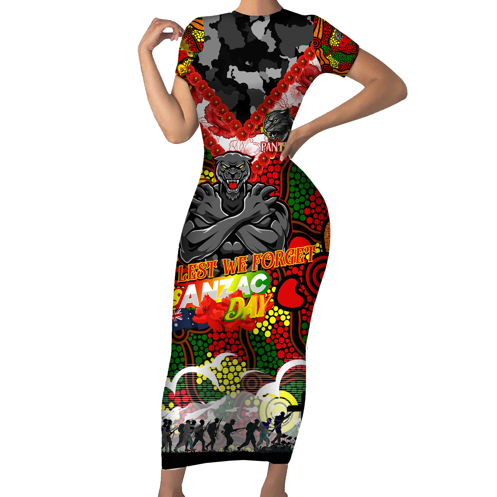 Personalised Panthers ANZAC Day Short Sleeve Bodycon Dress Aboriginal Rising Sun