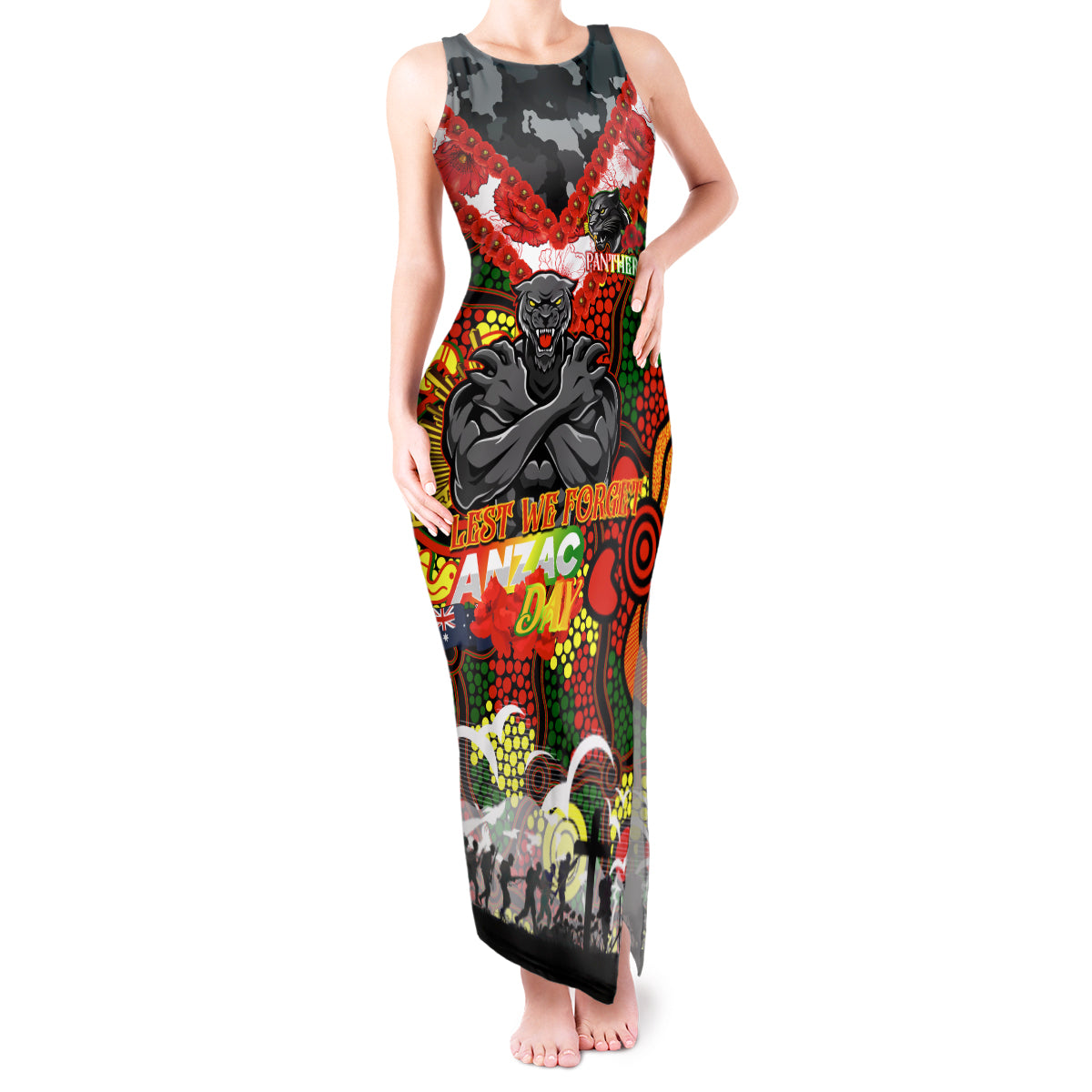 Personalised Panthers ANZAC Day Tank Maxi Dress Aboriginal Rising Sun