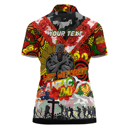 Personalised Panthers ANZAC Day Women Polo Shirt Aboriginal Rising Sun