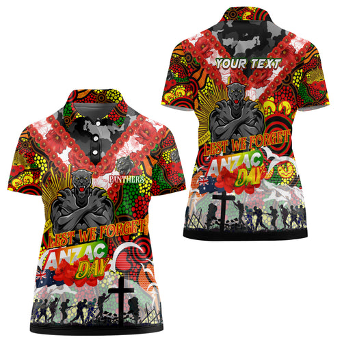 Personalised Panthers ANZAC Day Women Polo Shirt Aboriginal Rising Sun