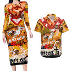 Personalised Tigers ANZAC Day Couples Matching Long Sleeve Bodycon Dress and Hawaiian Shirt Aboriginal Rising Sun