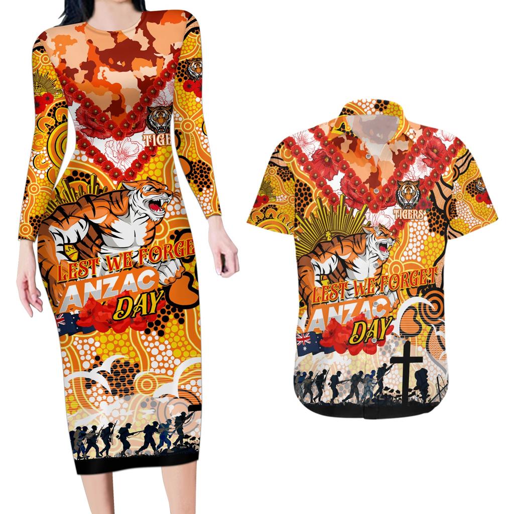 Personalised Tigers ANZAC Day Couples Matching Long Sleeve Bodycon Dress and Hawaiian Shirt Aboriginal Rising Sun