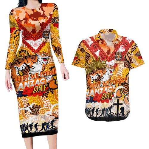 Personalised Tigers ANZAC Day Couples Matching Long Sleeve Bodycon Dress and Hawaiian Shirt Aboriginal Rising Sun