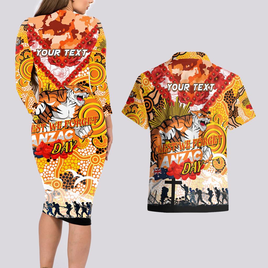 Personalised Tigers ANZAC Day Couples Matching Long Sleeve Bodycon Dress and Hawaiian Shirt Aboriginal Rising Sun