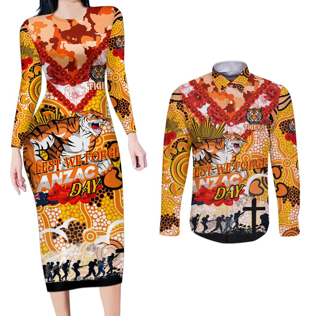 Personalised Tigers ANZAC Day Couples Matching Long Sleeve Bodycon Dress and Long Sleeve Button Shirt Aboriginal Rising Sun