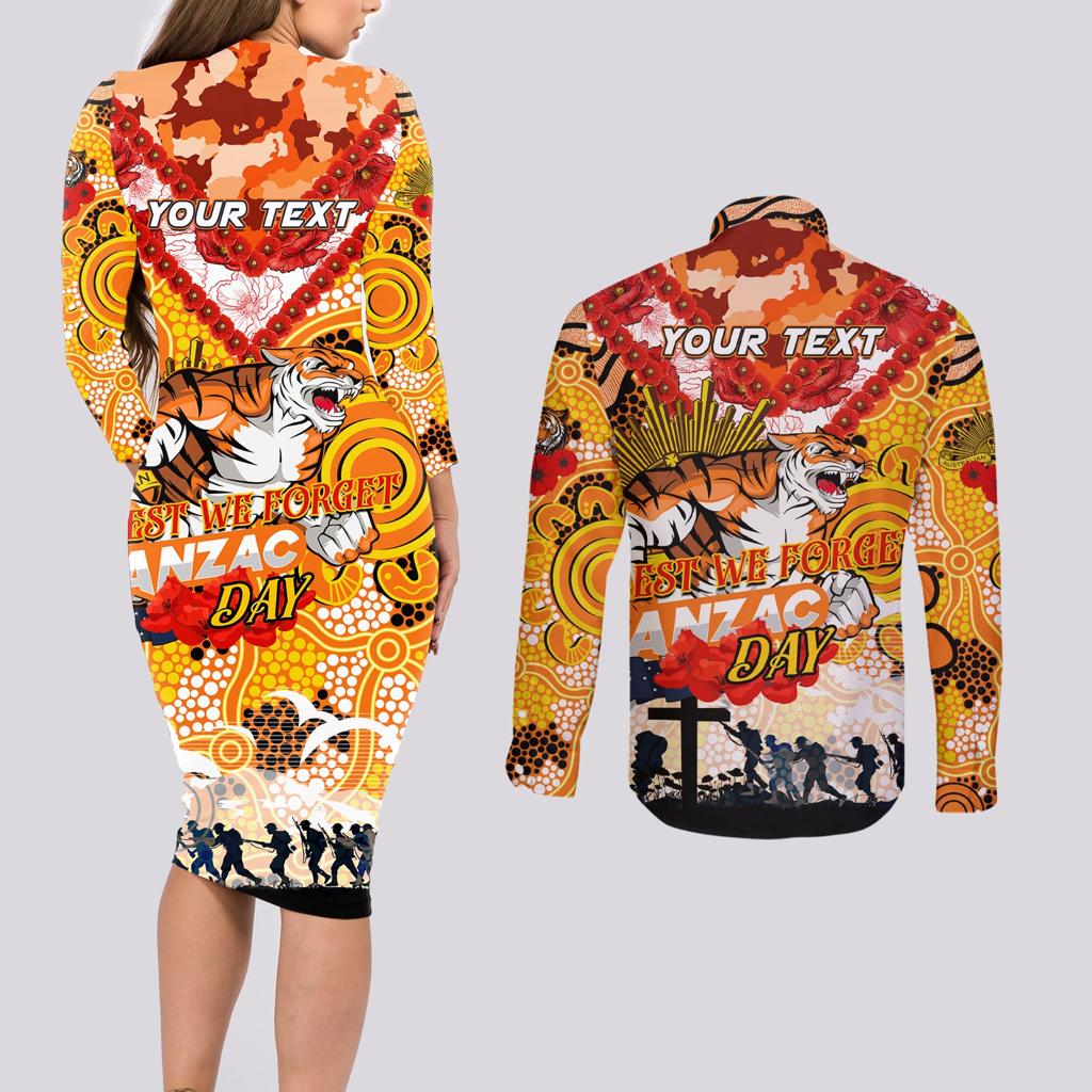 Personalised Tigers ANZAC Day Couples Matching Long Sleeve Bodycon Dress and Long Sleeve Button Shirt Aboriginal Rising Sun