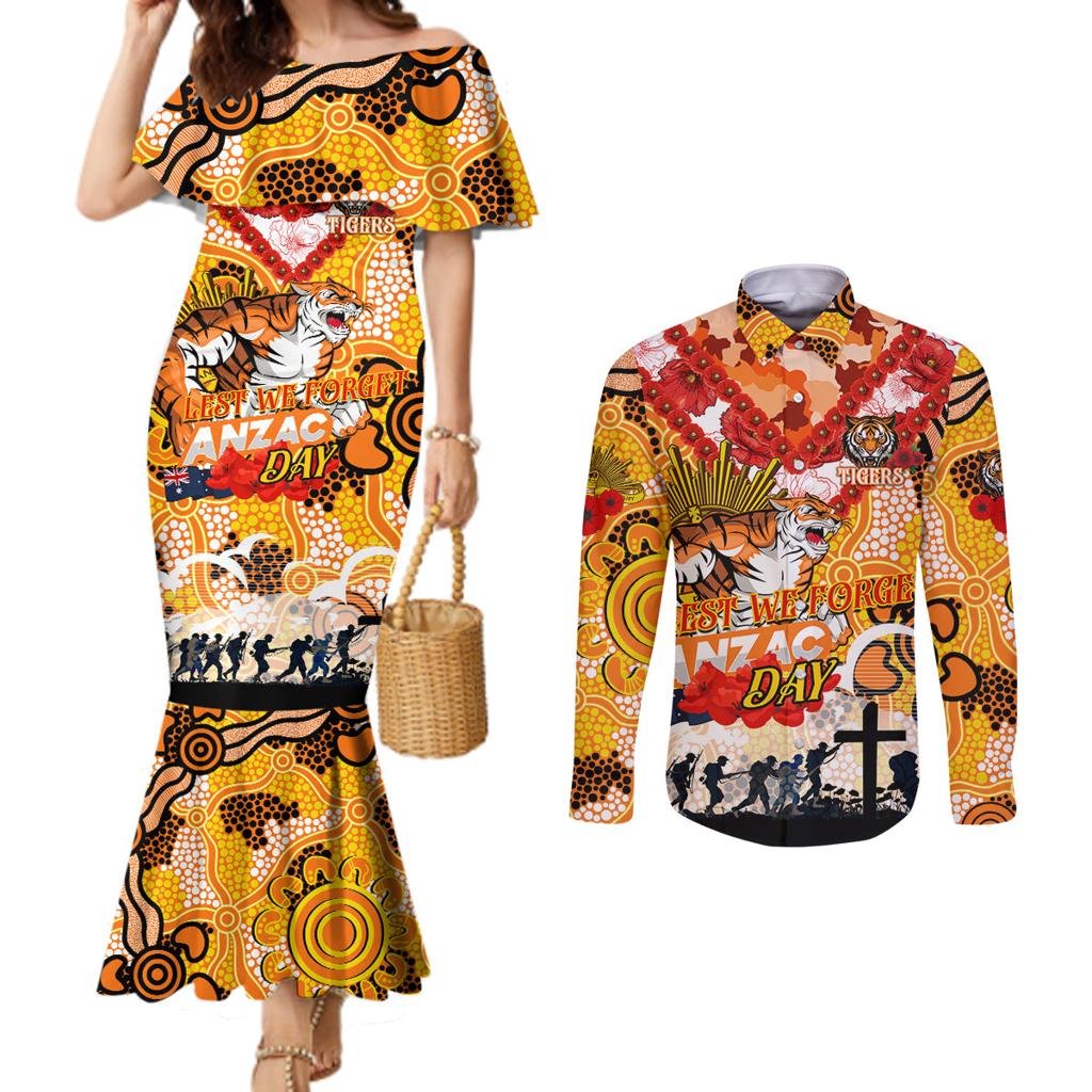 Personalised Tigers ANZAC Day Couples Matching Mermaid Dress and Long Sleeve Button Shirt Aboriginal Rising Sun