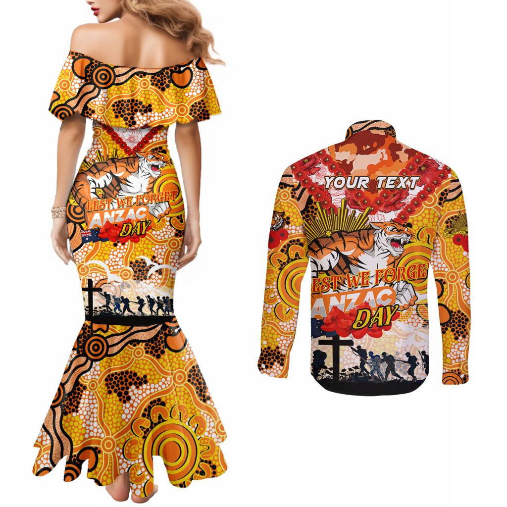 Personalised Tigers ANZAC Day Couples Matching Mermaid Dress and Long Sleeve Button Shirt Aboriginal Rising Sun