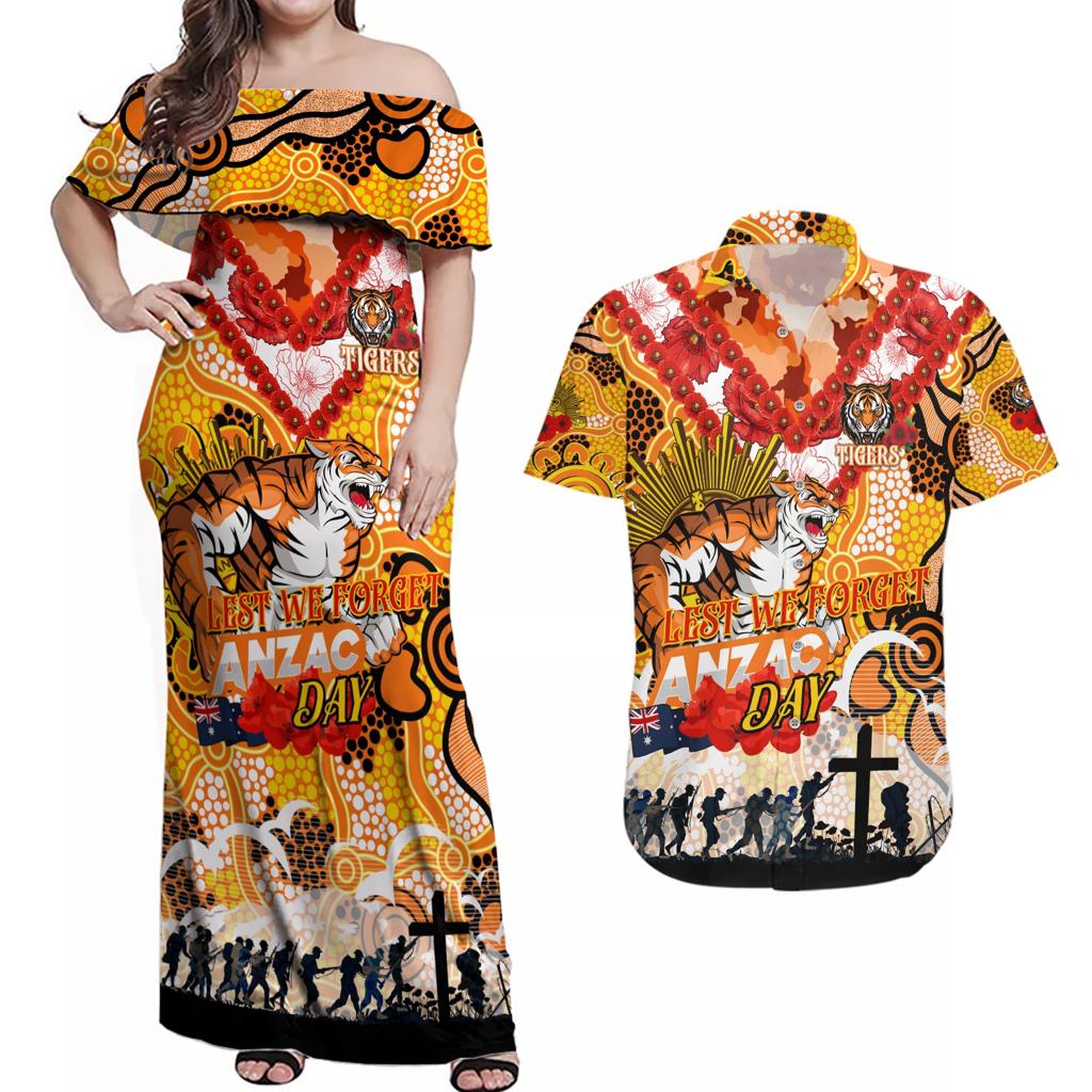 Personalised Tigers ANZAC Day Couples Matching Off Shoulder Maxi Dress and Hawaiian Shirt Aboriginal Rising Sun