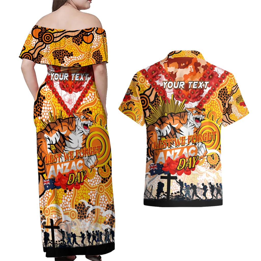 Personalised Tigers ANZAC Day Couples Matching Off Shoulder Maxi Dress and Hawaiian Shirt Aboriginal Rising Sun