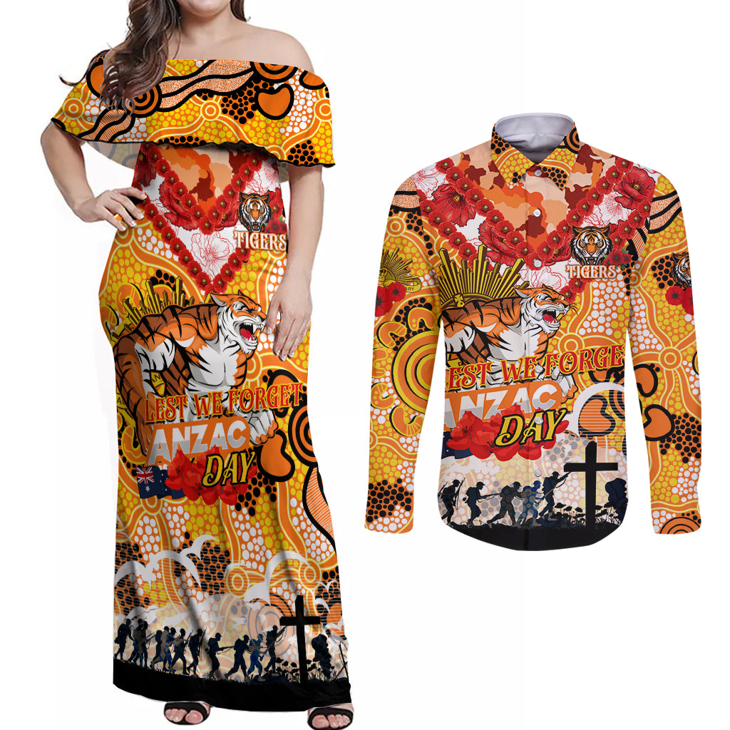 Personalised Tigers ANZAC Day Couples Matching Off Shoulder Maxi Dress and Long Sleeve Button Shirt Aboriginal Rising Sun