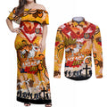 Personalised Tigers ANZAC Day Couples Matching Off Shoulder Maxi Dress and Long Sleeve Button Shirt Aboriginal Rising Sun