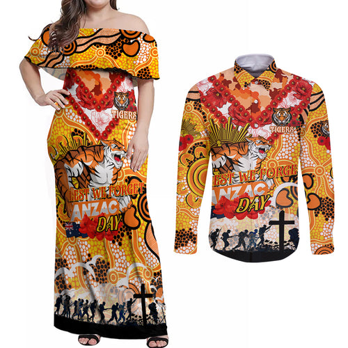 Personalised Tigers ANZAC Day Couples Matching Off Shoulder Maxi Dress and Long Sleeve Button Shirt Aboriginal Rising Sun