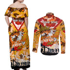 Personalised Tigers ANZAC Day Couples Matching Off Shoulder Maxi Dress and Long Sleeve Button Shirt Aboriginal Rising Sun