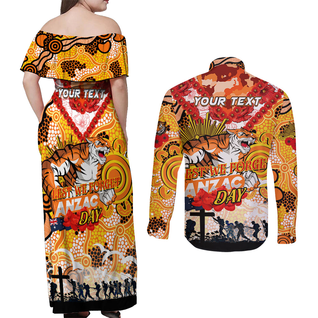 Personalised Tigers ANZAC Day Couples Matching Off Shoulder Maxi Dress and Long Sleeve Button Shirt Aboriginal Rising Sun