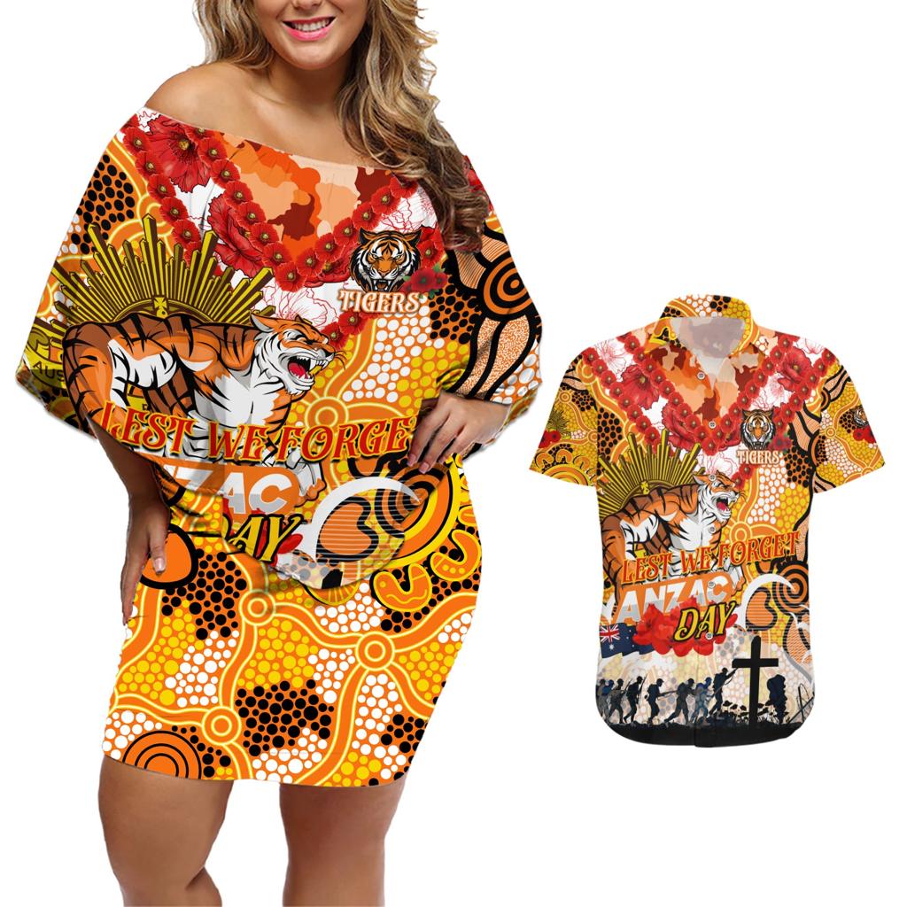 Personalised Tigers ANZAC Day Couples Matching Off Shoulder Short Dress and Hawaiian Shirt Aboriginal Rising Sun