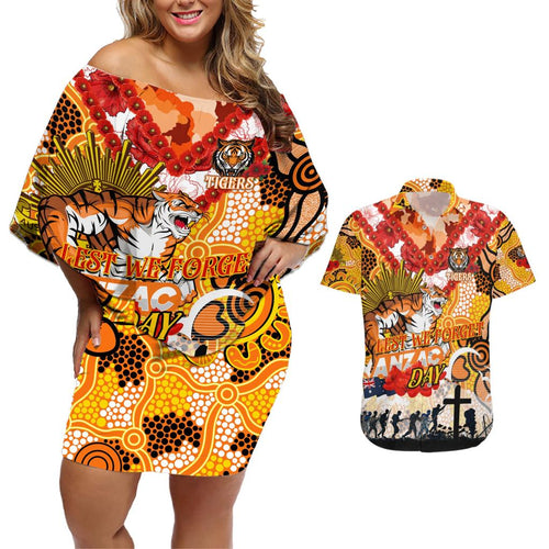 Personalised Tigers ANZAC Day Couples Matching Off Shoulder Short Dress and Hawaiian Shirt Aboriginal Rising Sun