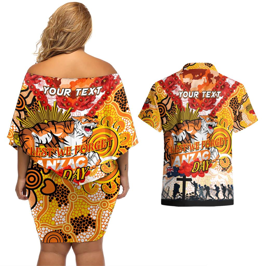 Personalised Tigers ANZAC Day Couples Matching Off Shoulder Short Dress and Hawaiian Shirt Aboriginal Rising Sun