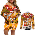Personalised Tigers ANZAC Day Couples Matching Off Shoulder Short Dress and Long Sleeve Button Shirt Aboriginal Rising Sun