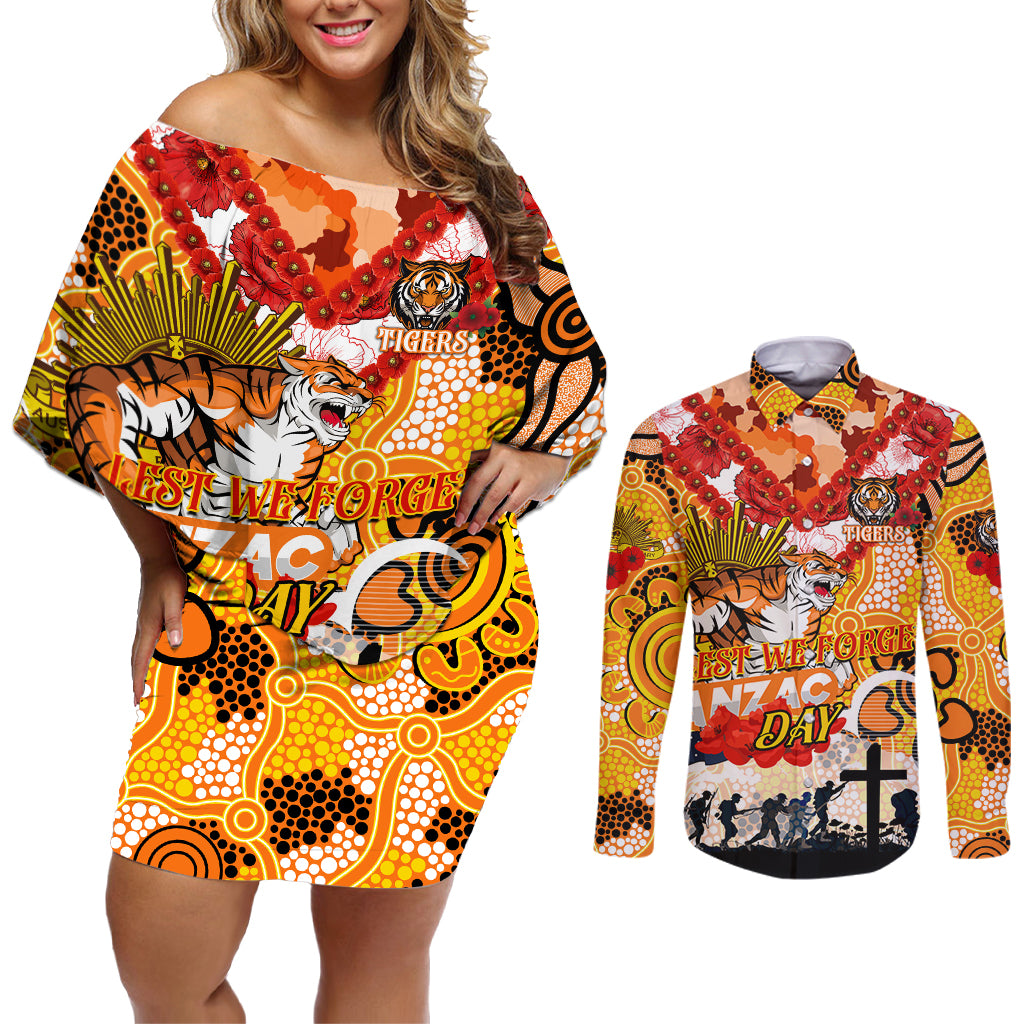 Personalised Tigers ANZAC Day Couples Matching Off Shoulder Short Dress and Long Sleeve Button Shirt Aboriginal Rising Sun