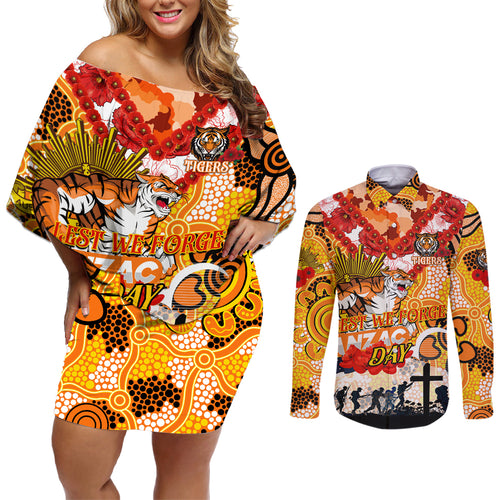 Personalised Tigers ANZAC Day Couples Matching Off Shoulder Short Dress and Long Sleeve Button Shirt Aboriginal Rising Sun