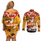 Personalised Tigers ANZAC Day Couples Matching Off Shoulder Short Dress and Long Sleeve Button Shirt Aboriginal Rising Sun