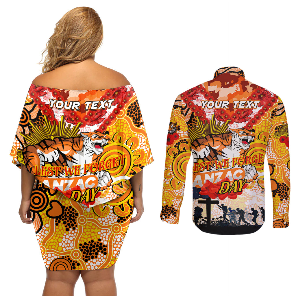 Personalised Tigers ANZAC Day Couples Matching Off Shoulder Short Dress and Long Sleeve Button Shirt Aboriginal Rising Sun