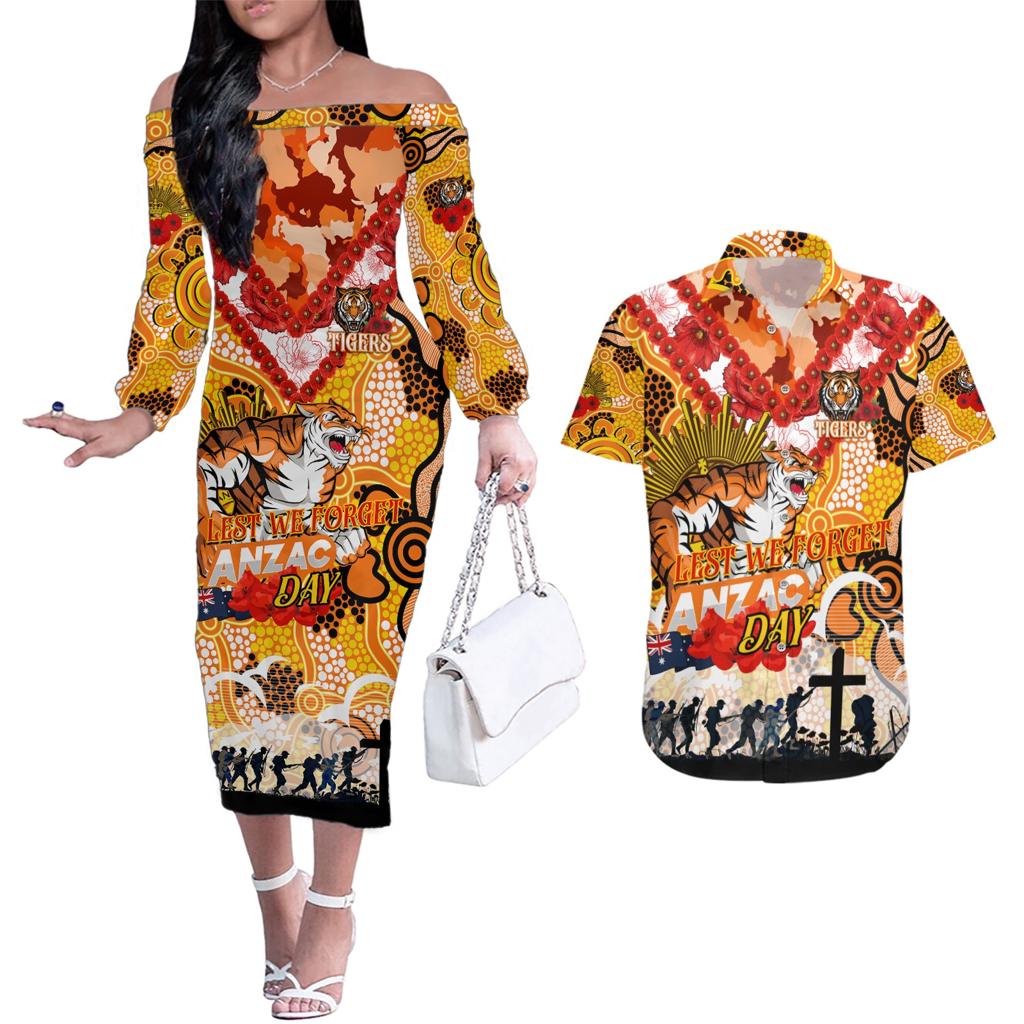 Personalised Tigers ANZAC Day Couples Matching Off The Shoulder Long Sleeve Dress and Hawaiian Shirt Aboriginal Rising Sun