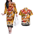 Personalised Tigers ANZAC Day Couples Matching Off The Shoulder Long Sleeve Dress and Hawaiian Shirt Aboriginal Rising Sun