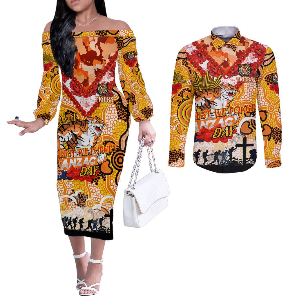 Personalised Tigers ANZAC Day Couples Matching Off The Shoulder Long Sleeve Dress and Long Sleeve Button Shirt Aboriginal Rising Sun