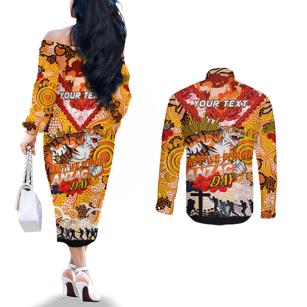 Personalised Tigers ANZAC Day Couples Matching Off The Shoulder Long Sleeve Dress and Long Sleeve Button Shirt Aboriginal Rising Sun