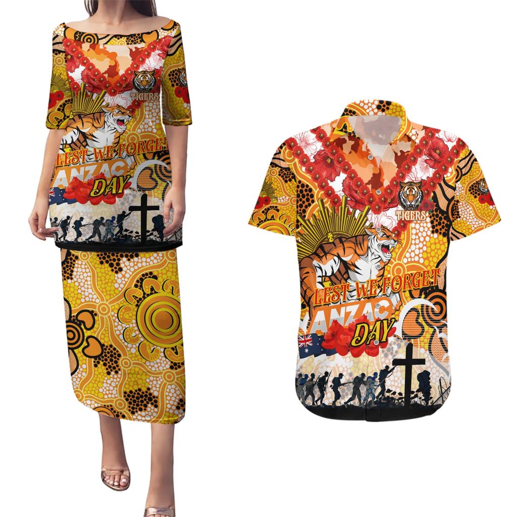 Personalised Tigers ANZAC Day Couples Matching Puletasi and Hawaiian Shirt Aboriginal Rising Sun