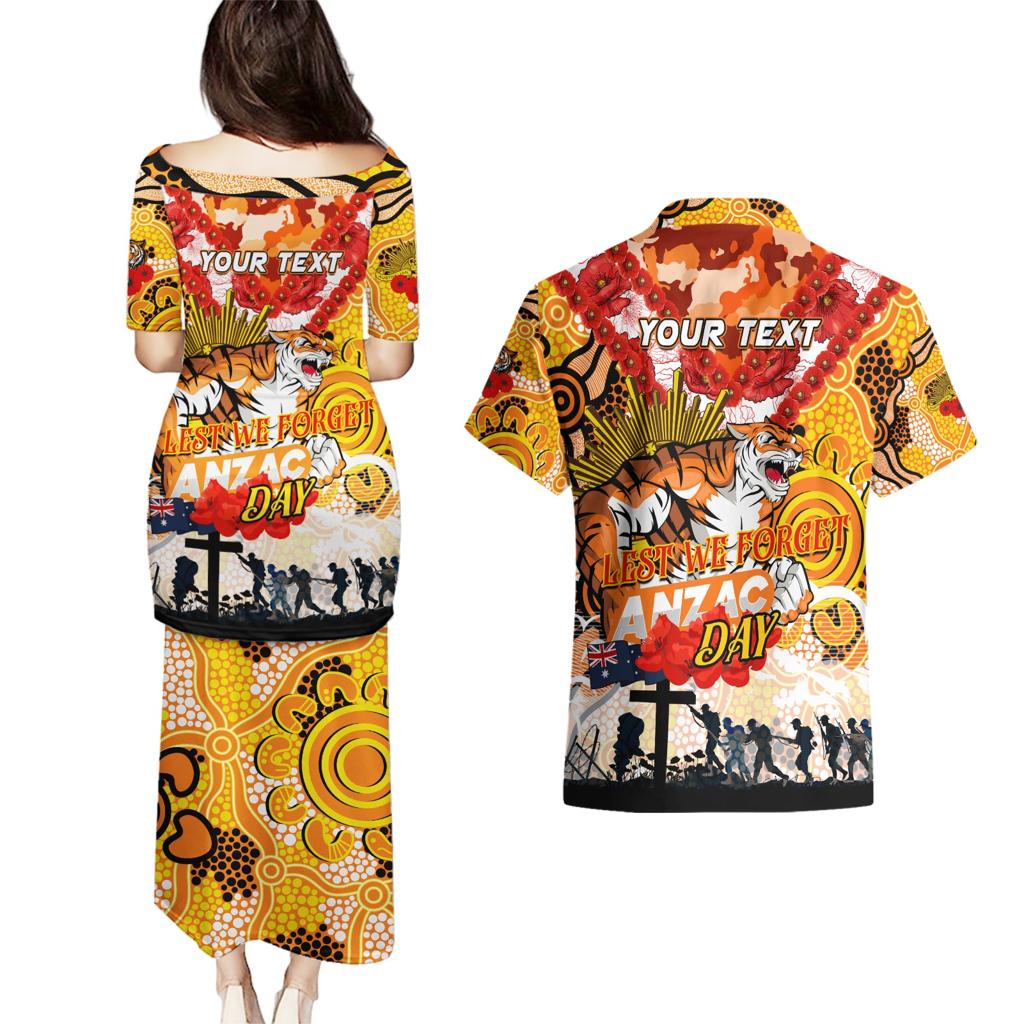 Personalised Tigers ANZAC Day Couples Matching Puletasi and Hawaiian Shirt Aboriginal Rising Sun