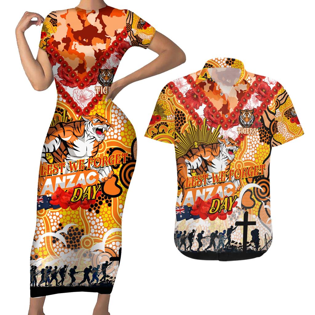 Personalised Tigers ANZAC Day Couples Matching Short Sleeve Bodycon Dress and Hawaiian Shirt Aboriginal Rising Sun