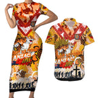 Personalised Tigers ANZAC Day Couples Matching Short Sleeve Bodycon Dress and Hawaiian Shirt Aboriginal Rising Sun