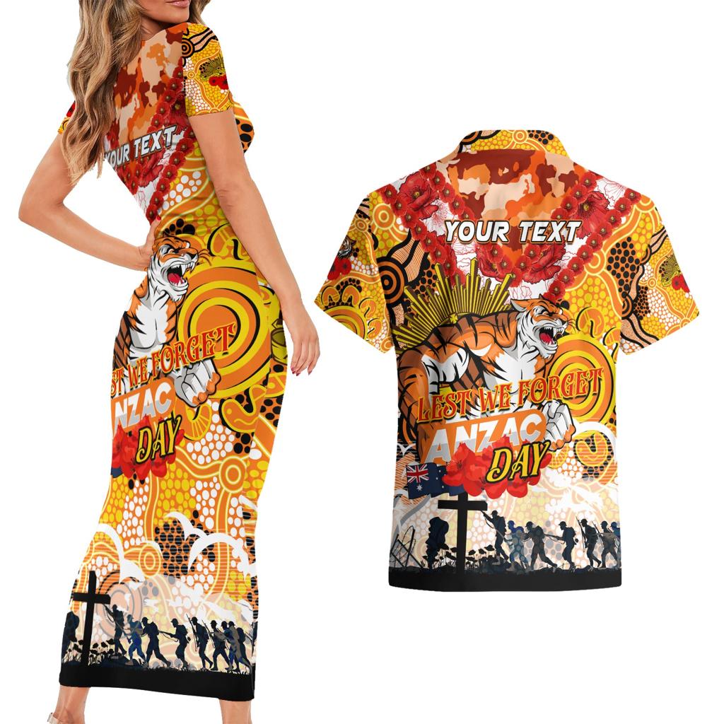 Personalised Tigers ANZAC Day Couples Matching Short Sleeve Bodycon Dress and Hawaiian Shirt Aboriginal Rising Sun