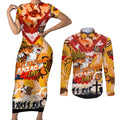 Personalised Tigers ANZAC Day Couples Matching Short Sleeve Bodycon Dress and Long Sleeve Button Shirt Aboriginal Rising Sun