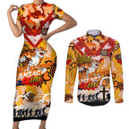 Personalised Tigers ANZAC Day Couples Matching Short Sleeve Bodycon Dress and Long Sleeve Button Shirt Aboriginal Rising Sun