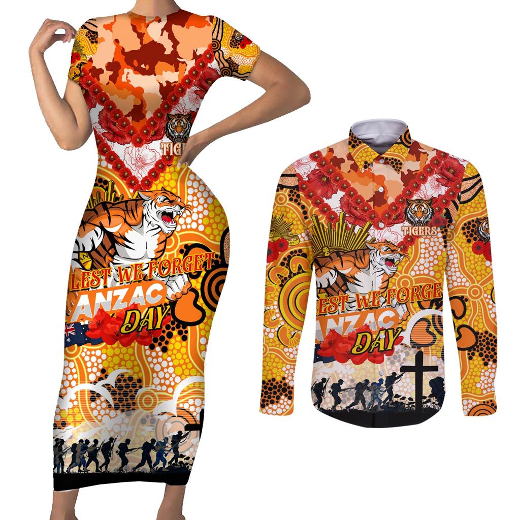 Personalised Tigers ANZAC Day Couples Matching Short Sleeve Bodycon Dress and Long Sleeve Button Shirt Aboriginal Rising Sun