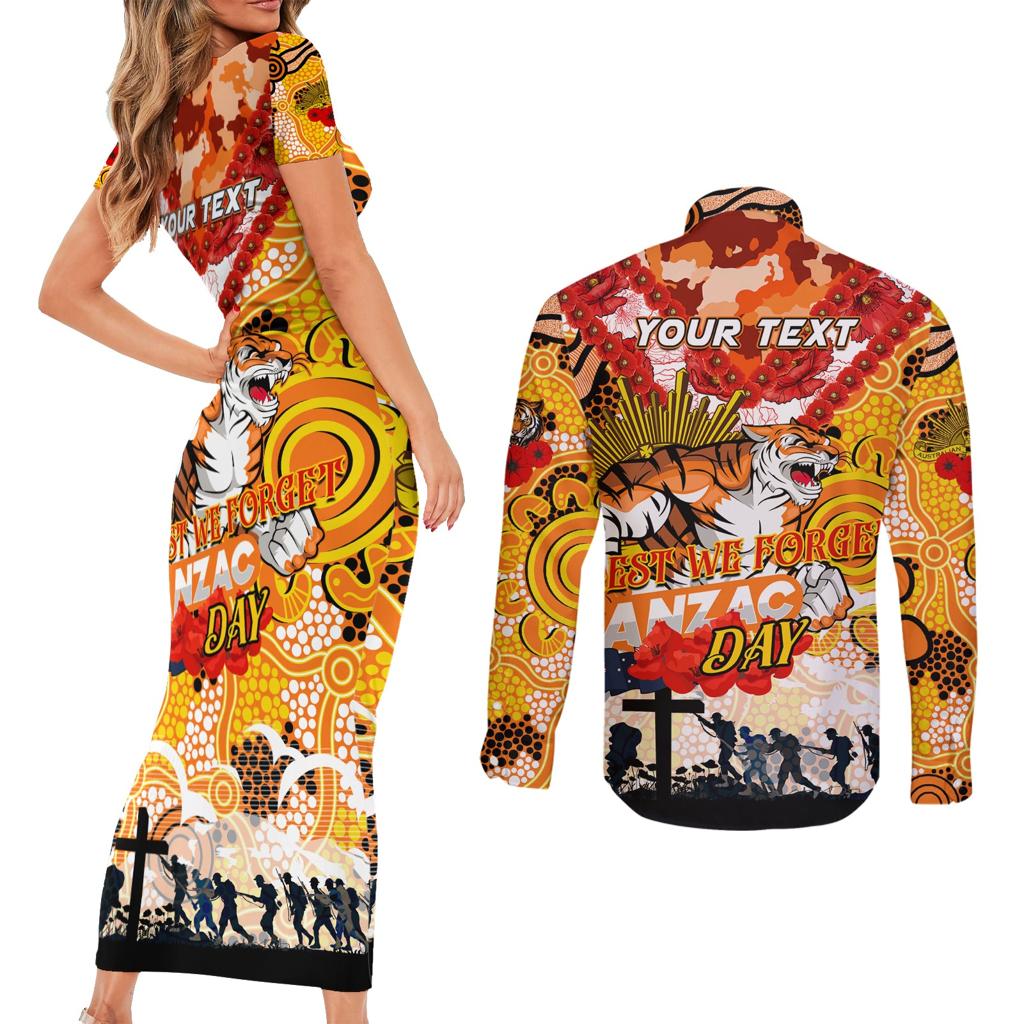 Personalised Tigers ANZAC Day Couples Matching Short Sleeve Bodycon Dress and Long Sleeve Button Shirt Aboriginal Rising Sun